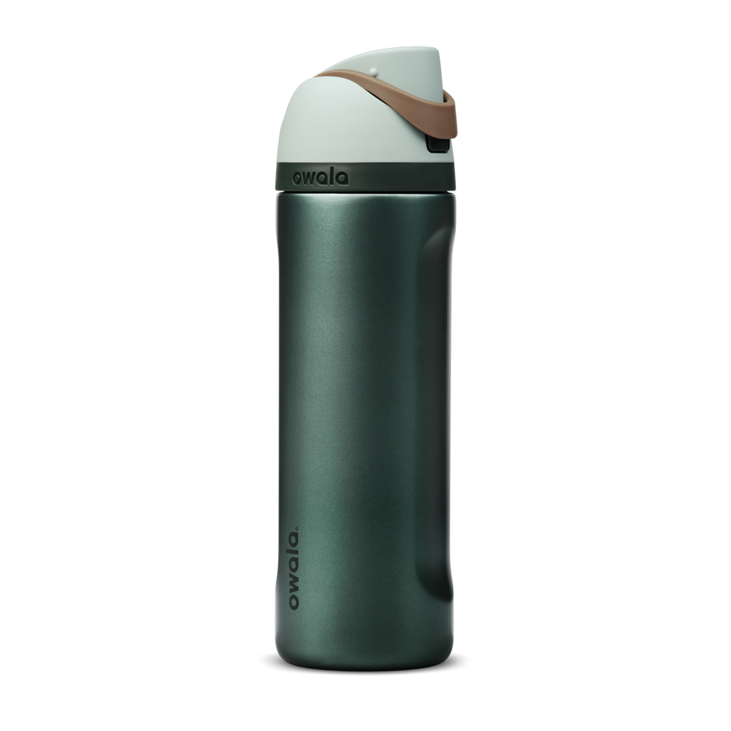 FreeSip 24oz Wintergreen; deep forest green body with soft mint-sage flip cap and tan leather carry loop