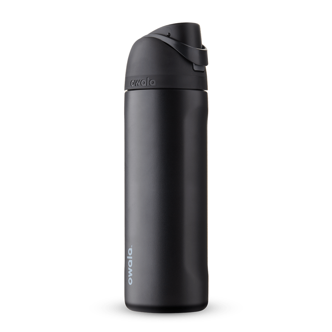 FreeSip 24oz in Very, Very Dark, all-black insulated bottle with matching black flip cap, carry loop, and lid