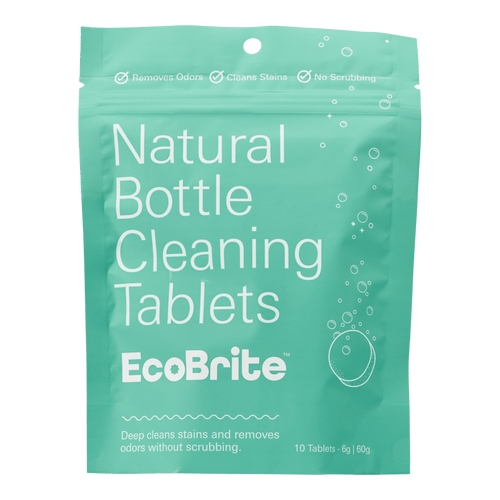 Bottle Cleaning Tablets 10 Pack in EcoBrite; front of teal resealable packet labeled \Natural Bottle Cleaning Tablets EcoBrite\