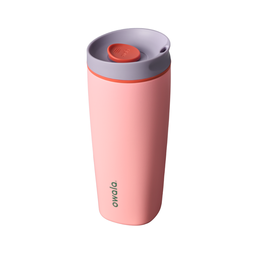 SmoothSip Slider 20oz, light coral pink body with lavender gray lid and orange slider button