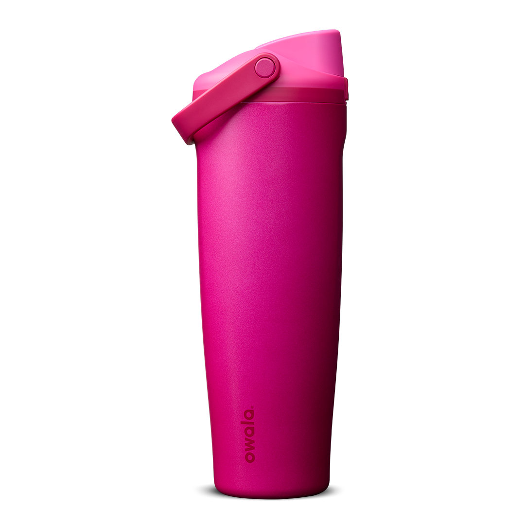 FreeSip Sway 40oz in Read My Lips, vivid fuchsia-pink insulated water bottle with matching hot pink flip cap and carry loop
