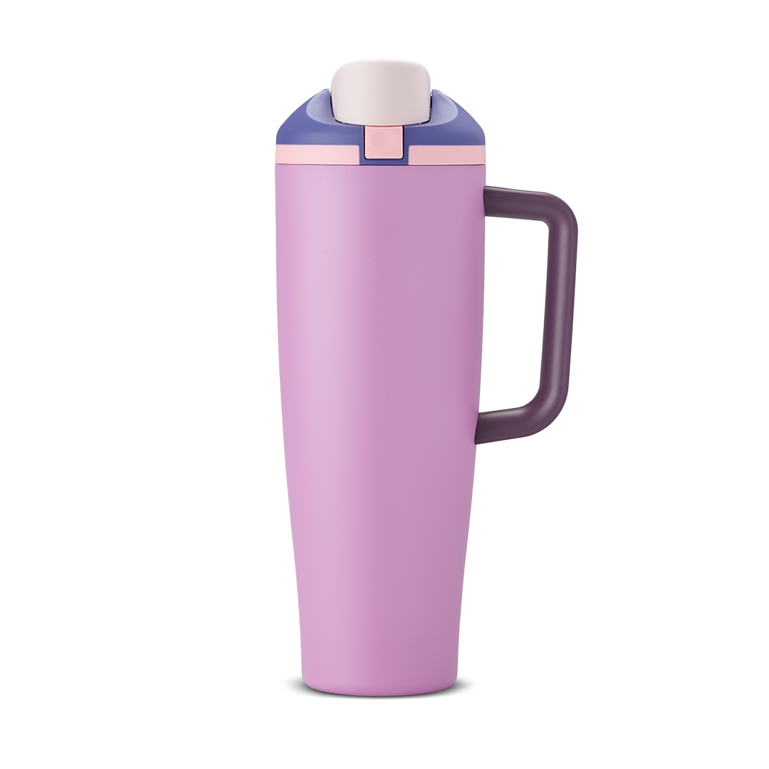 FreeSip Tumbler 40oz Pretty in Purple, soft lilac/lavender pink body with purple lid, white flip cap, and purple handle