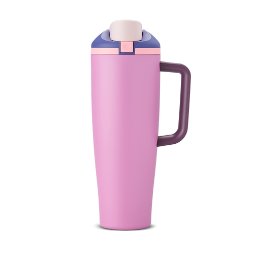 FreeSip Tumbler 40oz Pretty in Purple, soft lilac/lavender pink body with purple lid, white flip cap, and purple handle