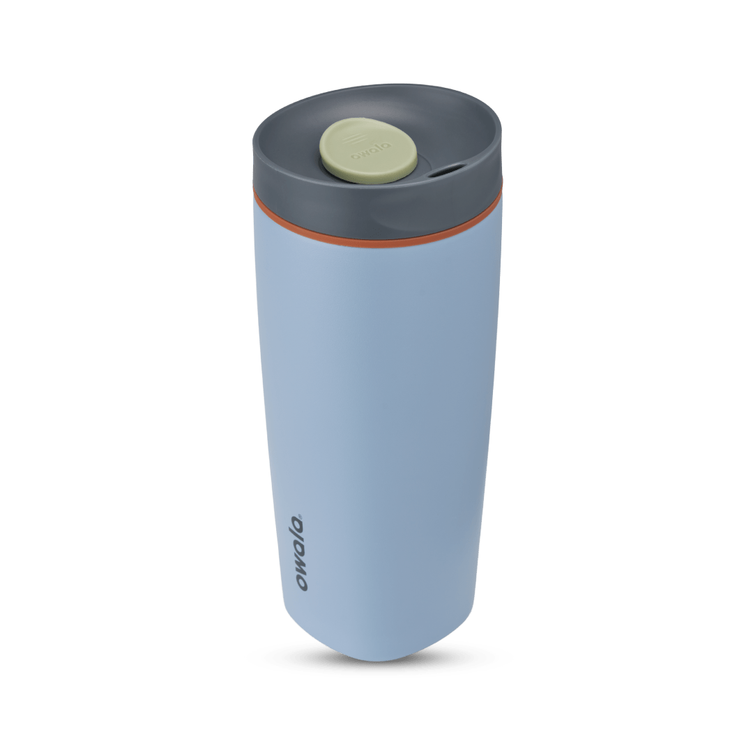 SmoothSip Slider 20oz in Lakeside, light blue body with dark gray lid, sage green slider button, and orange accent ring