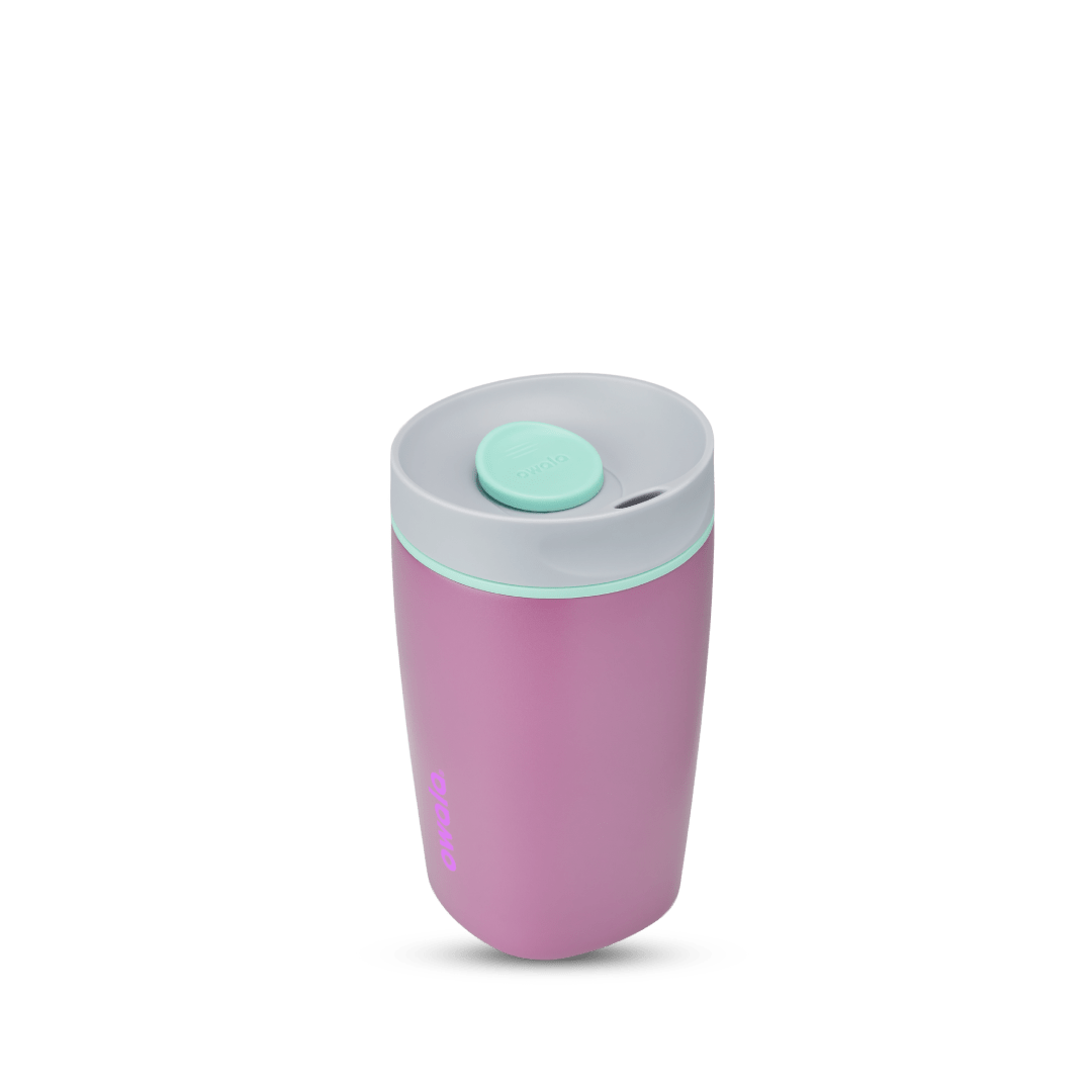 SmoothSip Slider 12oz in Plum Perfect, mauve purple body with light gray lid, mint green slider button, mint green accent ring, and magenta Owala logo