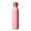 FreeSip Twist 24oz, coral pink body with orange-red lid and purple band; slim insulated bottle