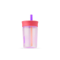 Kids' Tumbler 15oz in Lilac Rocket; translucent lavender plastic body with coral pink lid and purple straw with peach inner straw, lavender Owala logo on front
